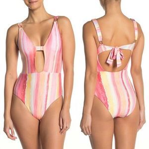 BECCA One-Piece Swimsuit L Cabana Stripe Buckle
